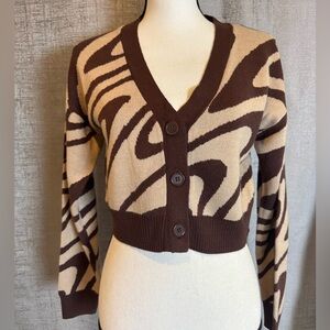 Garage Brown and Cream Cardigan with V-Neck and Ribbed Trim - Size XS (A106)